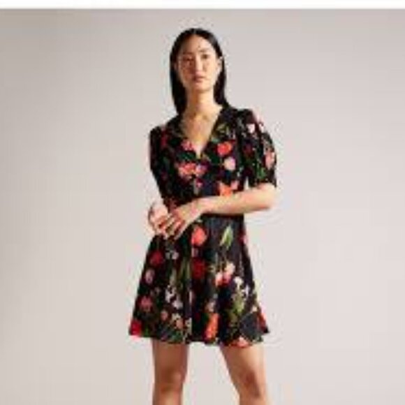 Ted Baker London Sienno black red pink floral puff sleeve mini dress size 12 - Picture 3 of 6